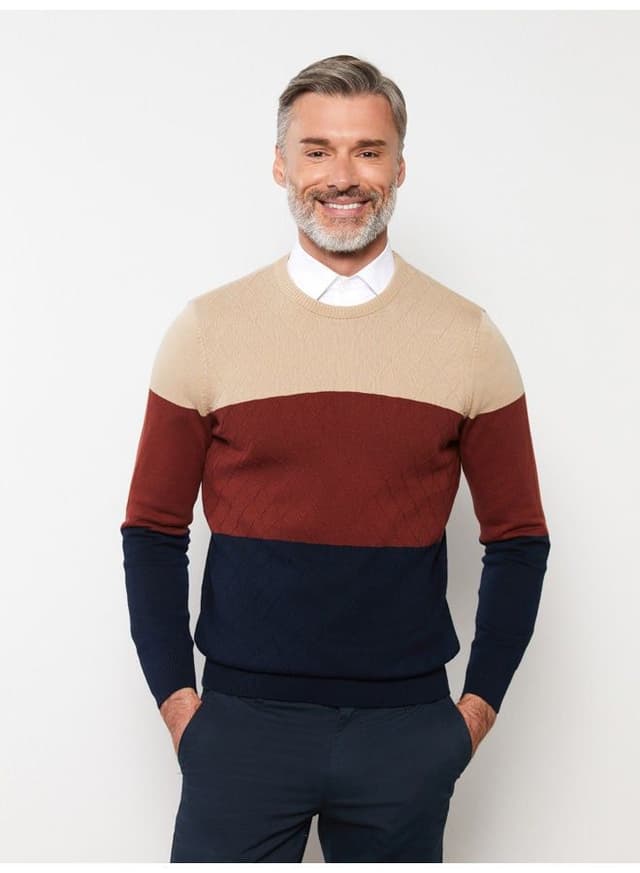 Crew Neck Long Sleeve Men's Tricot Sweater with Color Block